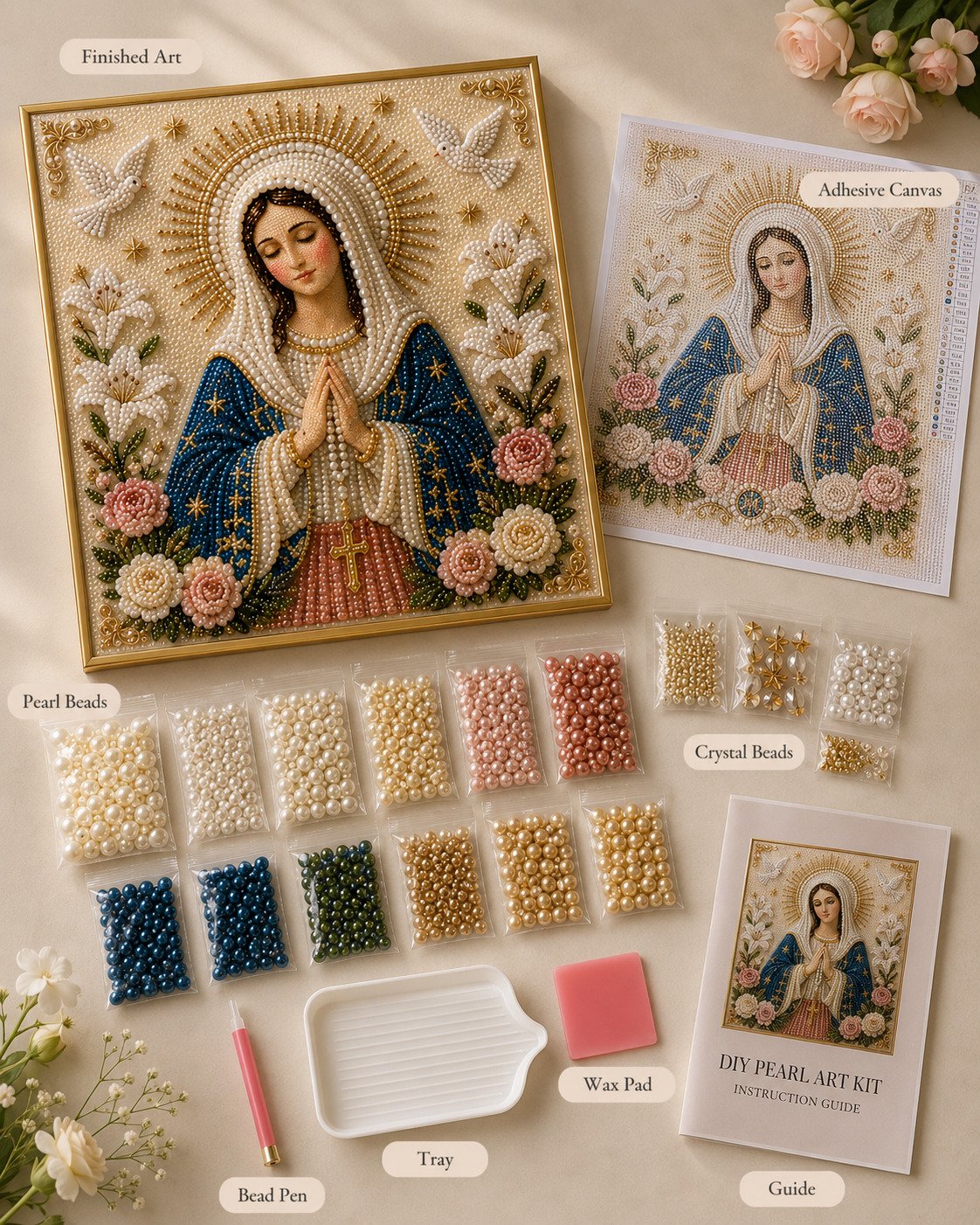 Divine Pearl Bead Virgin Mary Icon – DIY Faith Art Gift