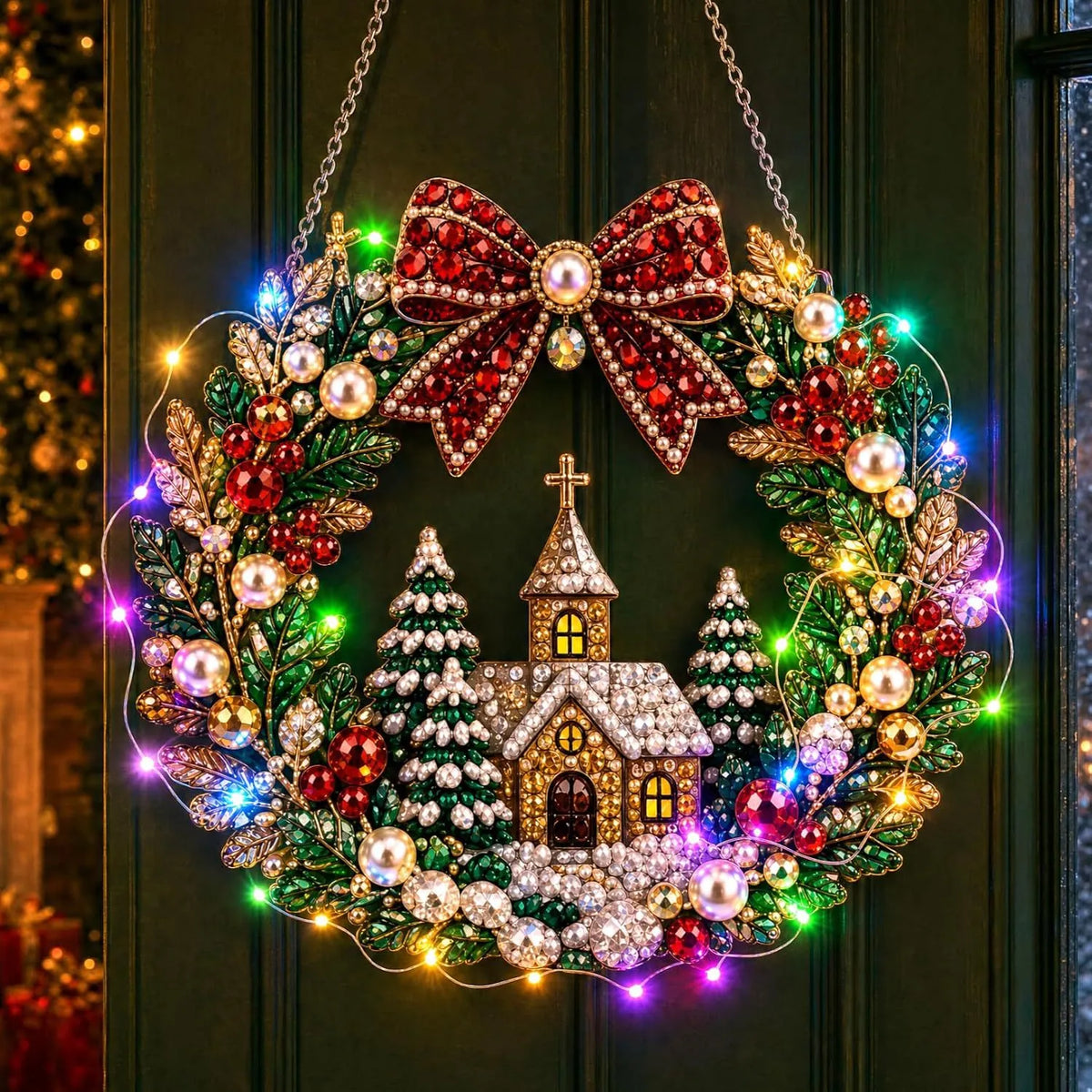 Hot Sale⛄Christmas Pearl Diamond Painting Pendant DIY Kit with LED String Lights