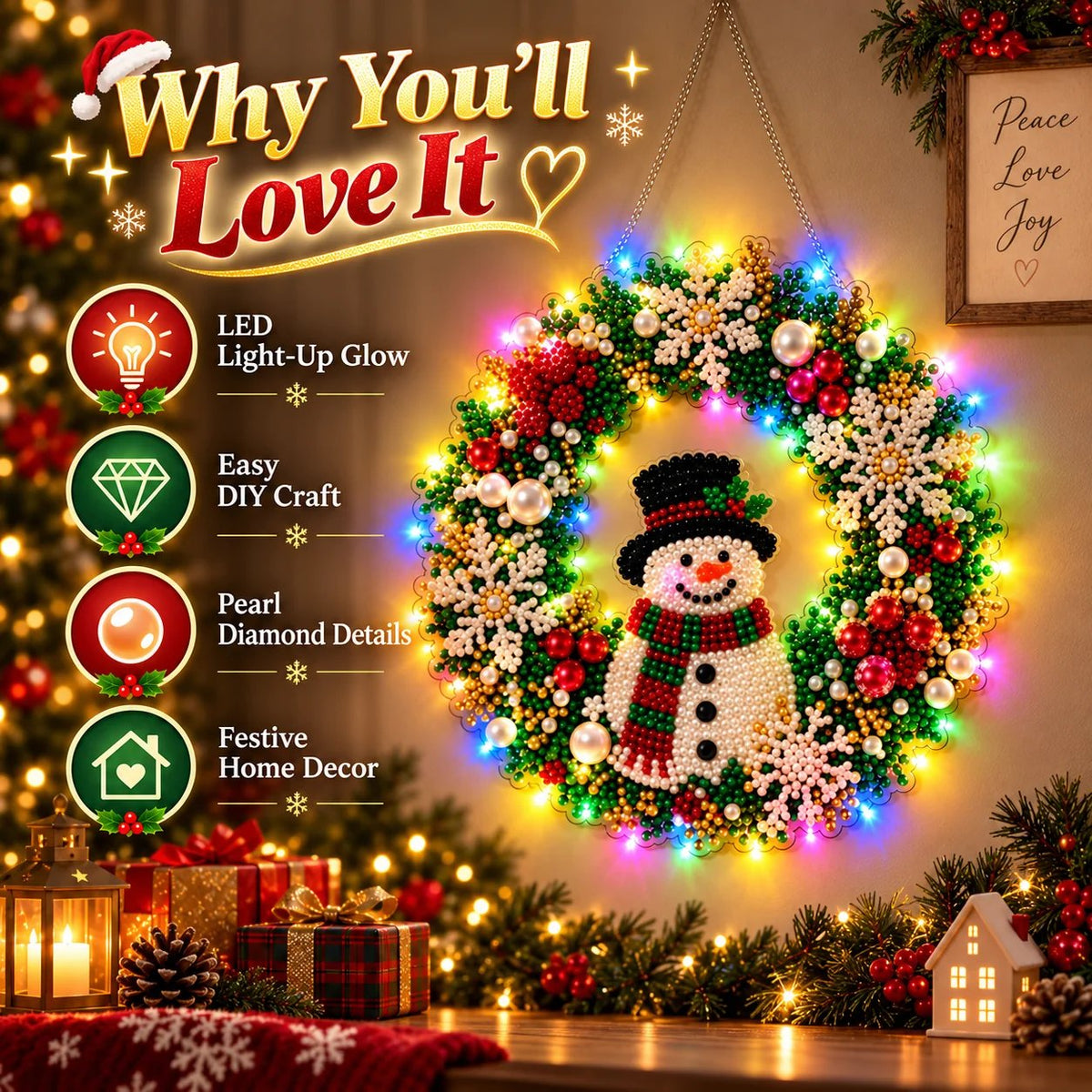 Hot Sale⛄Christmas Pearl Diamond Painting Pendant DIY Kit with LED String Lights