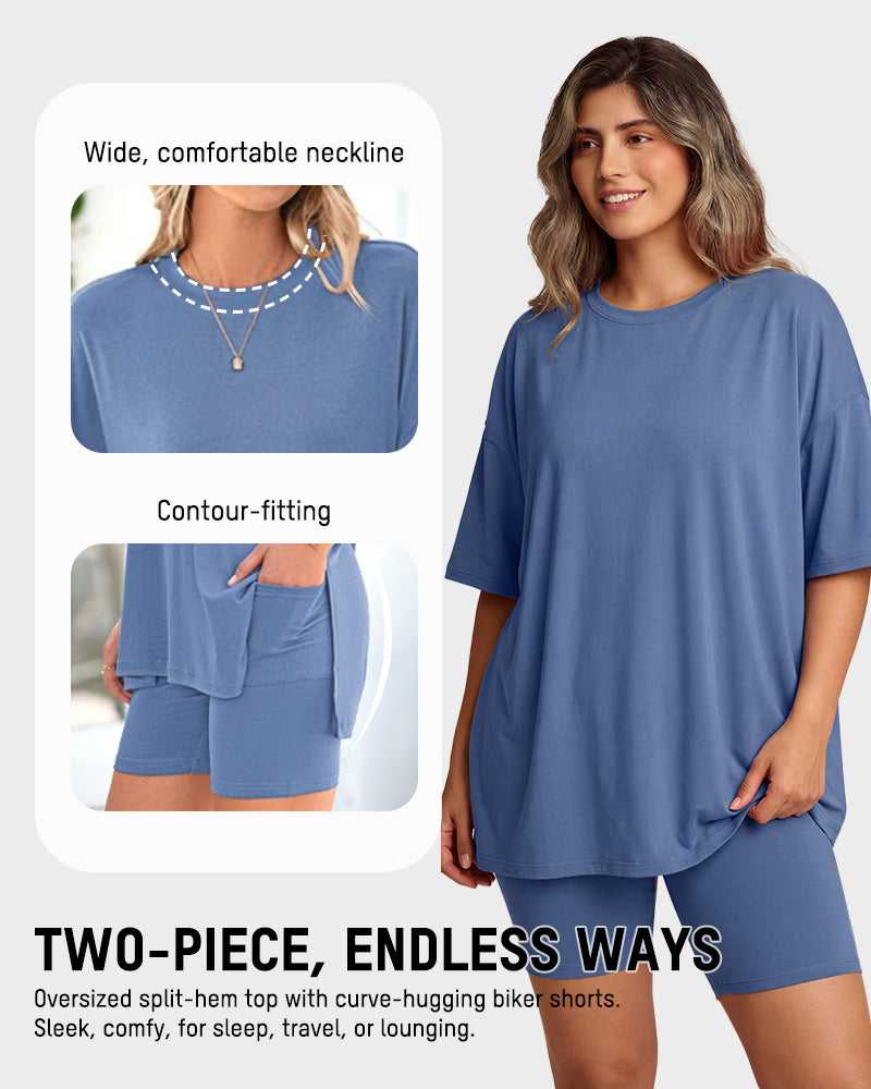 Casual Oversized 2-Piece Lounge Set with Crewneck & Split Hem