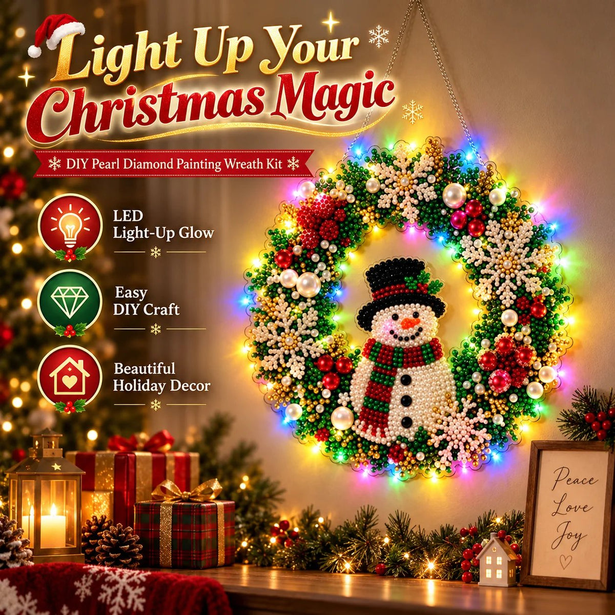 Hot Sale⛄Christmas Pearl Diamond Painting Pendant DIY Kit with LED String Lights