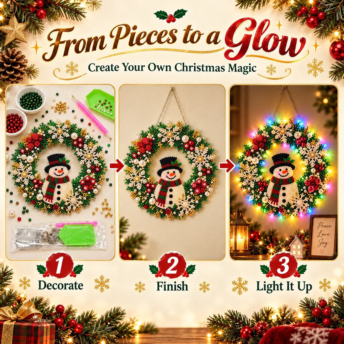 Hot Sale⛄Christmas Pearl Diamond Painting Pendant DIY Kit with LED String Lights