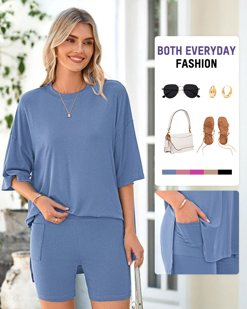 Casual Oversized 2-Piece Lounge Set with Crewneck & Split Hem