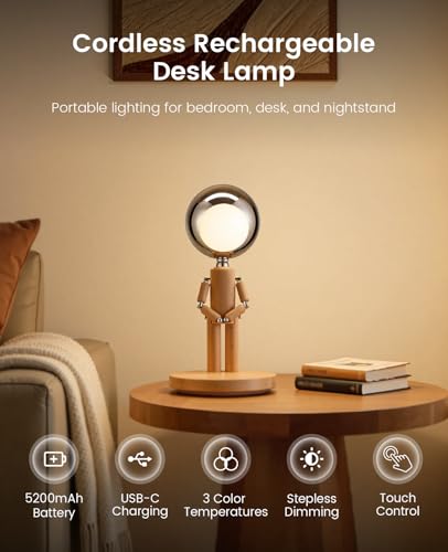Rechargeable Wooden Desk Lamp with Touch Control & Stepless Dimming