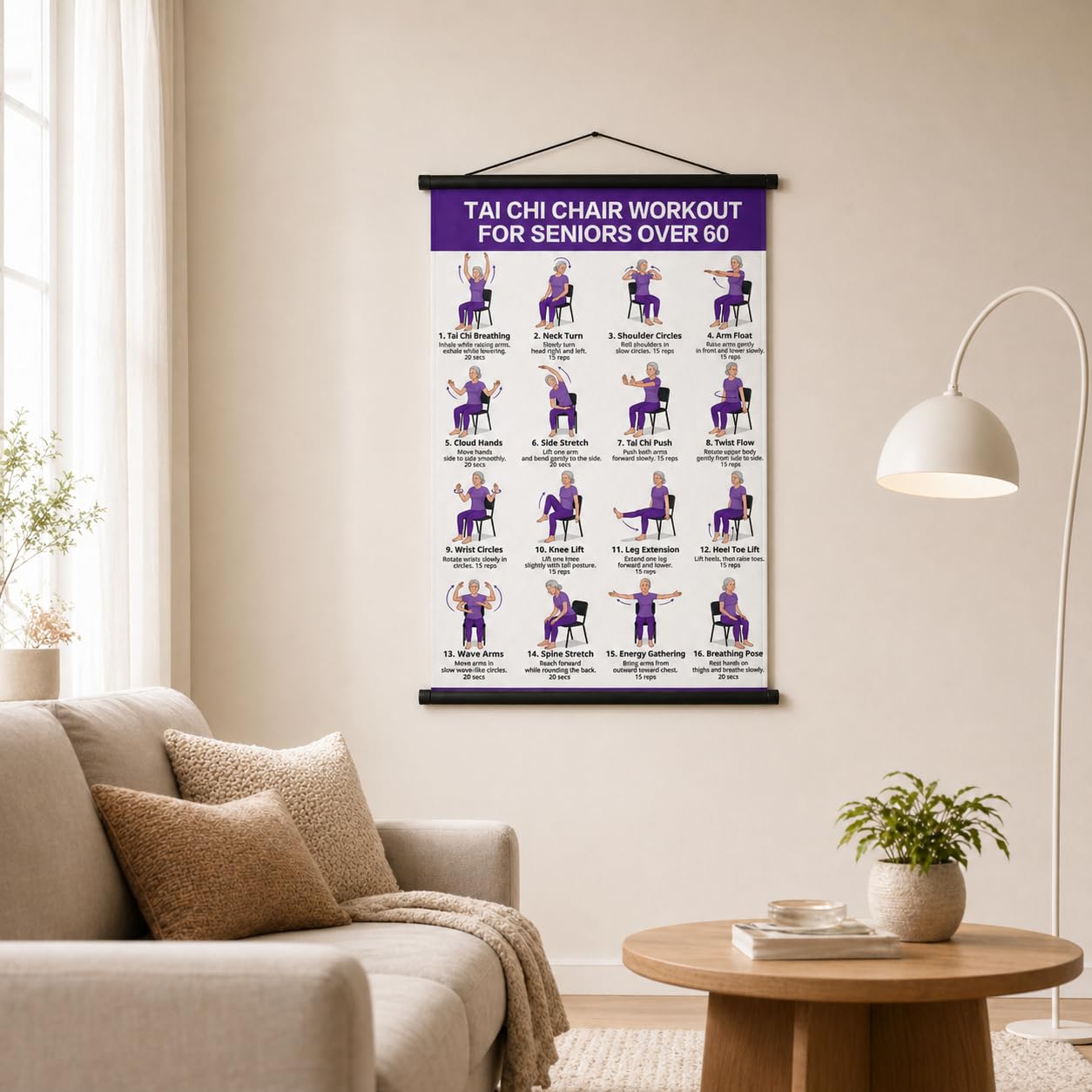 Tai Chi Chair Workout Chart for Seniors – 24 Seated Exercises Poster