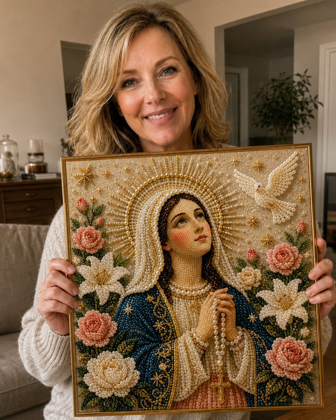 Divine Pearl Bead Virgin Mary Icon – DIY Faith Art Gift
