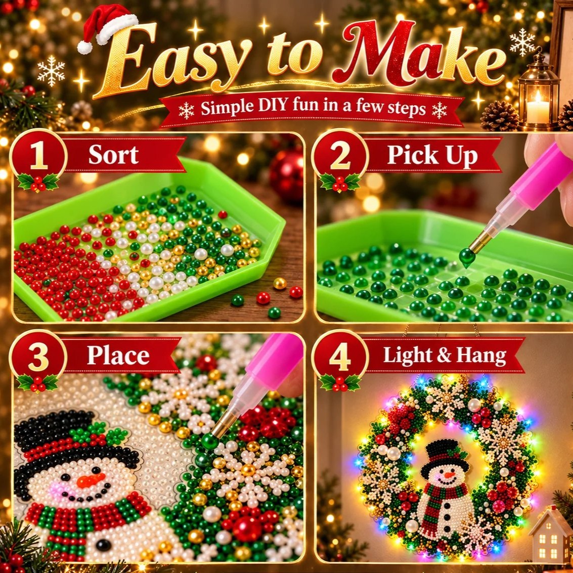 Hot Sale⛄Christmas Pearl Diamond Painting Pendant DIY Kit with LED String Lights