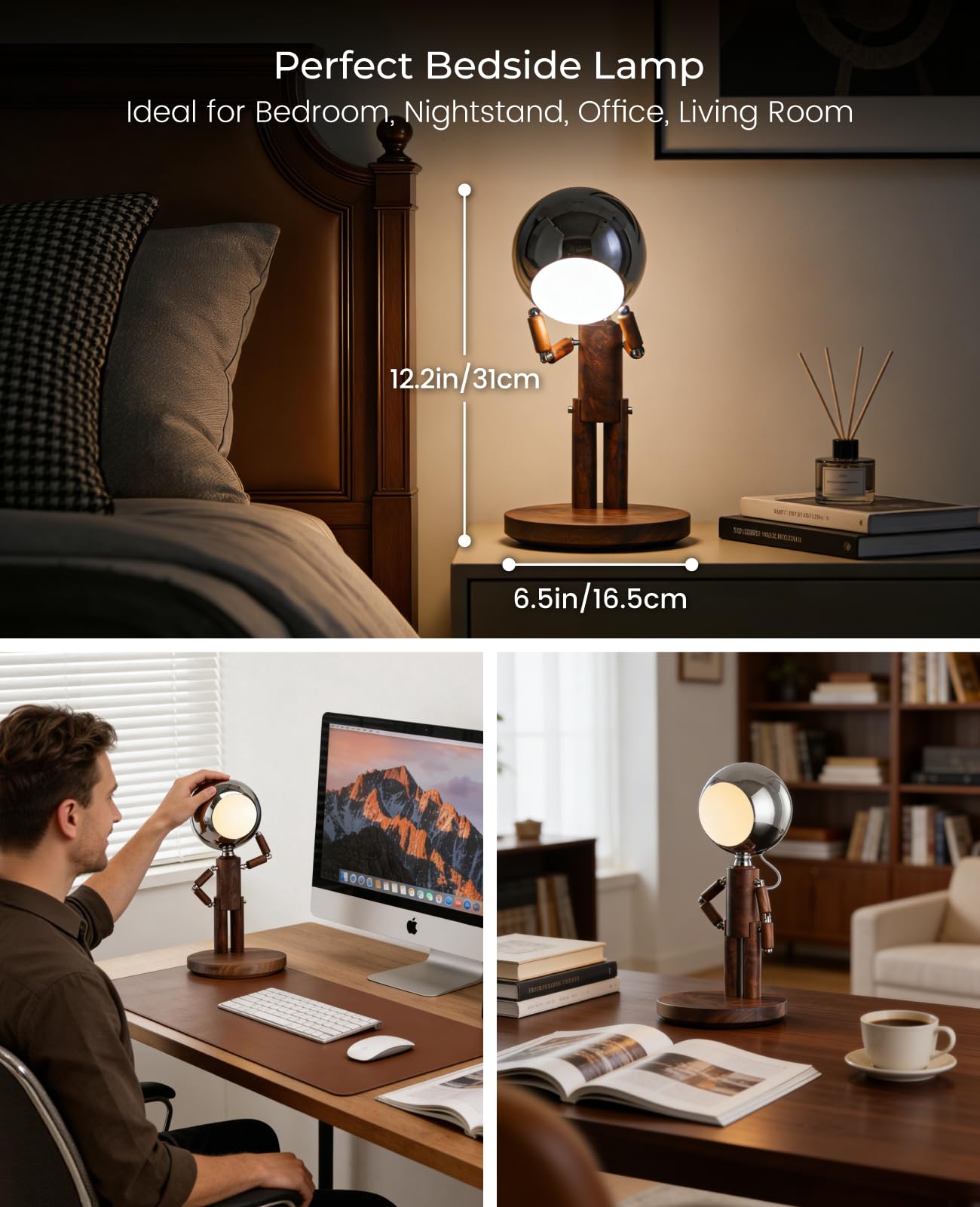 Rechargeable Wooden Desk Lamp with Touch Control & Stepless Dimming