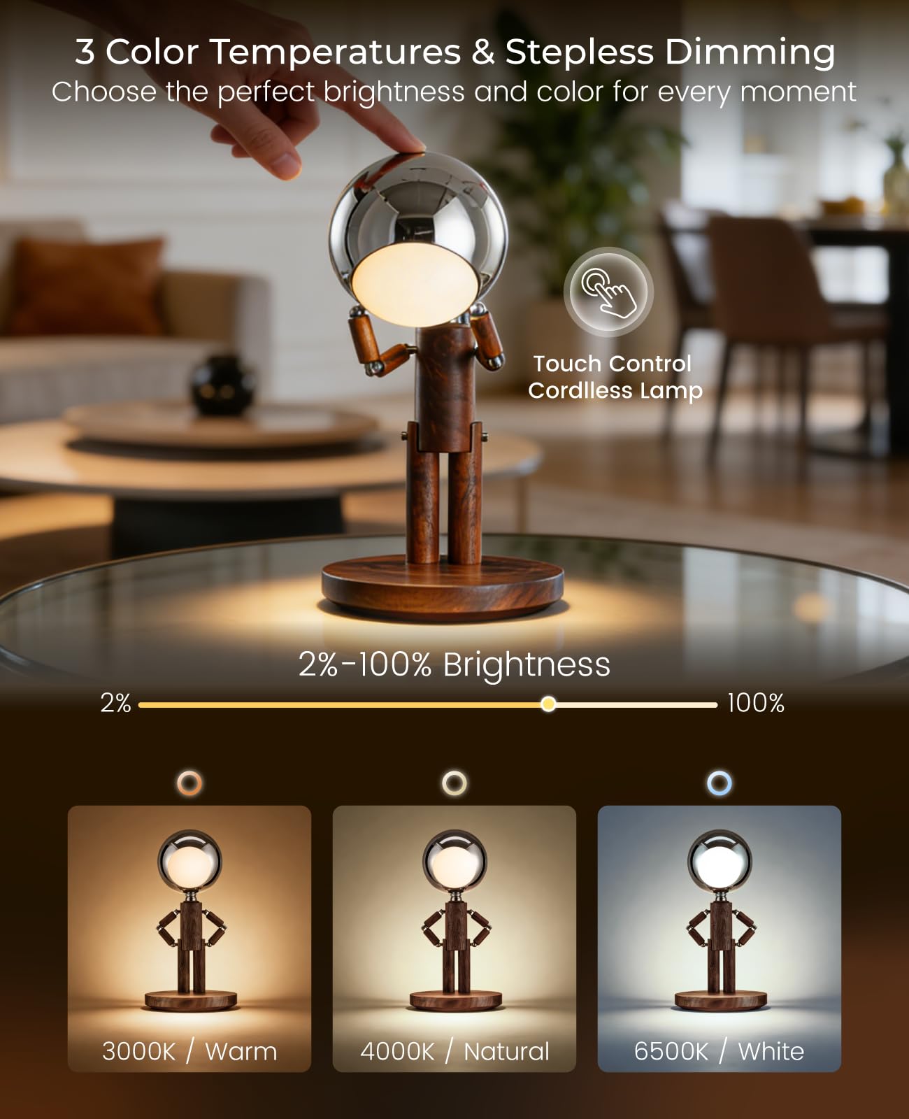 Rechargeable Wooden Desk Lamp with Touch Control & Stepless Dimming