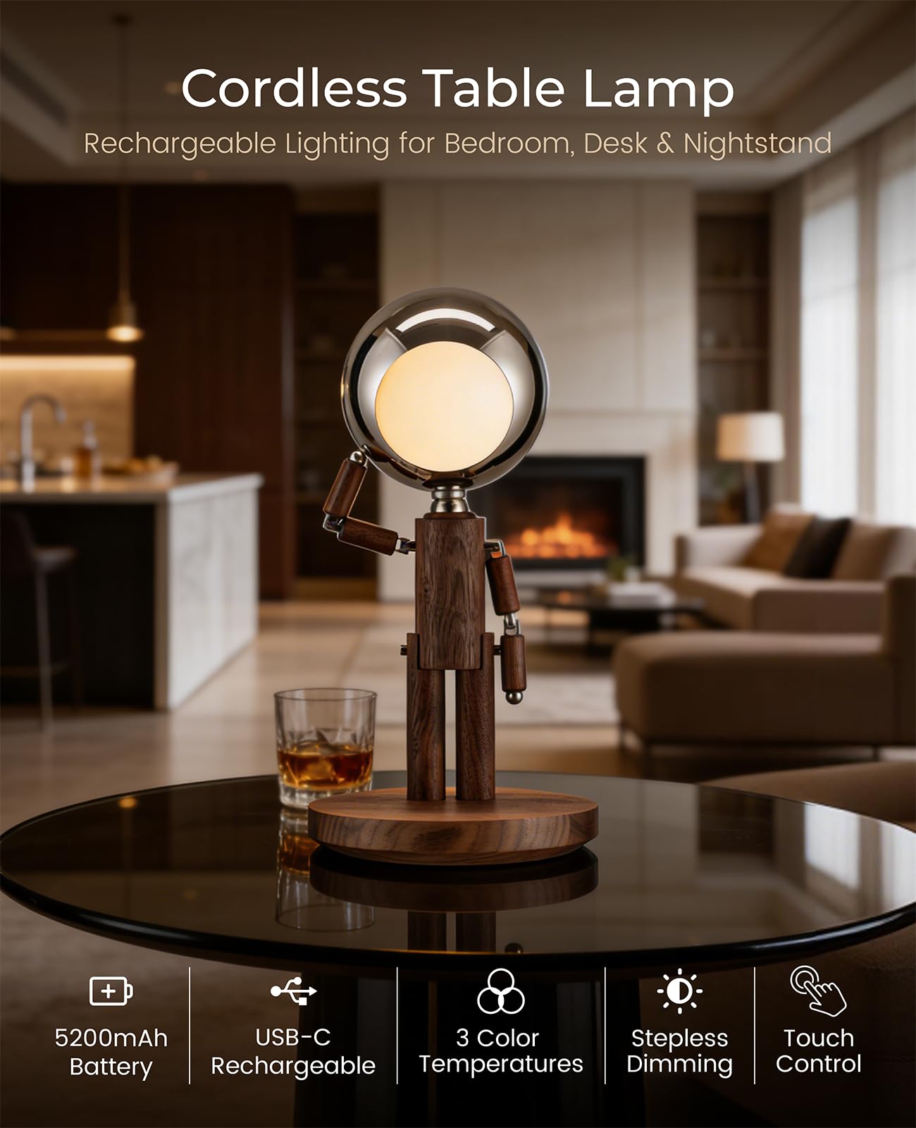 Rechargeable Wooden Desk Lamp with Touch Control & Stepless Dimming