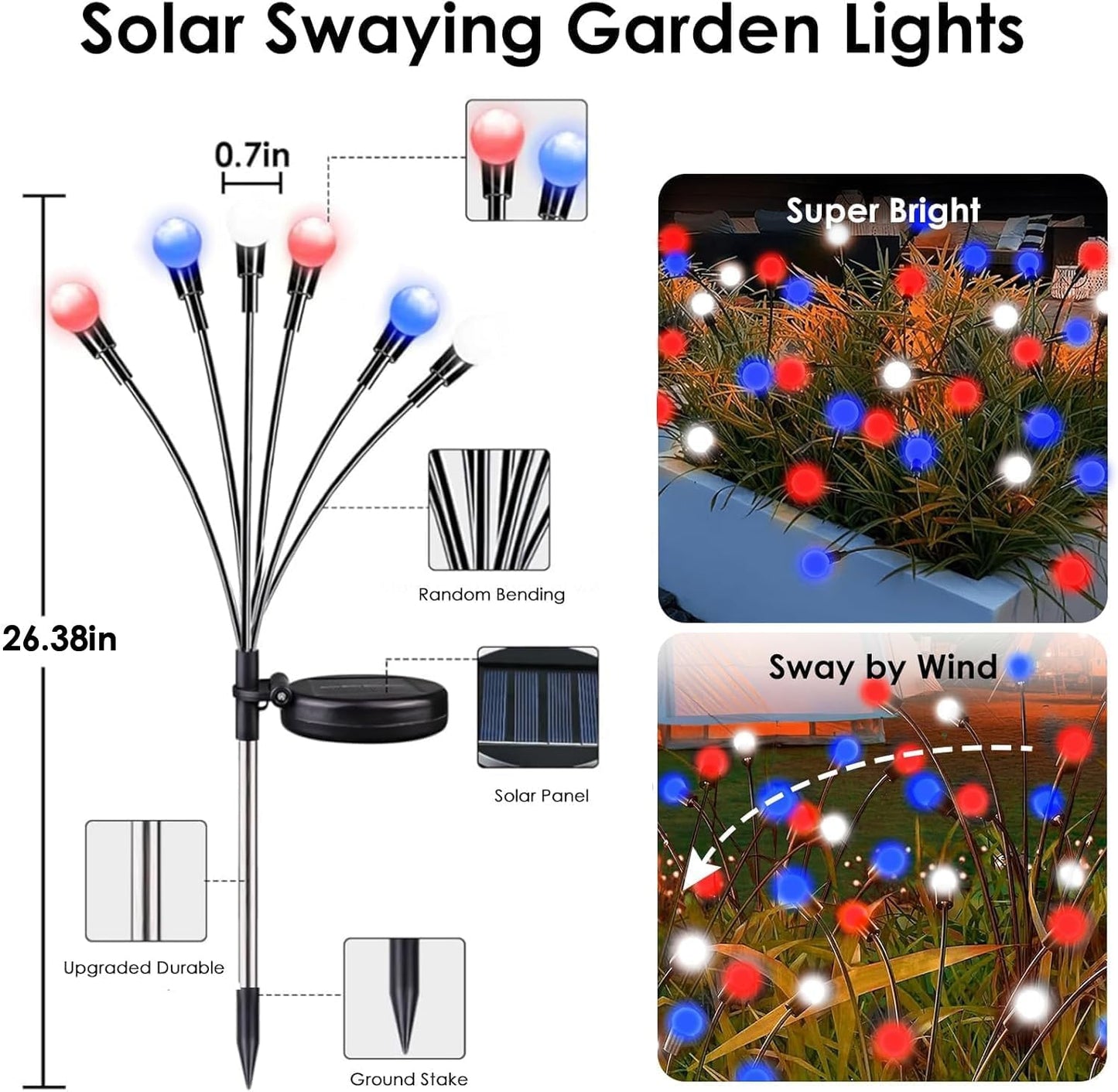 Solar Garden Lights Red White Blue 4th of July Decorations