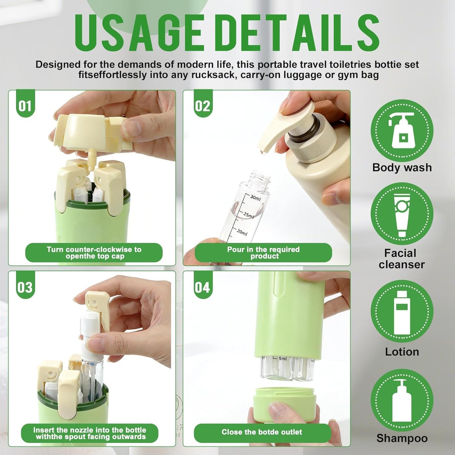 4-in-1 Portable Cosmetic Shampoo Dispenser Storage Bottle