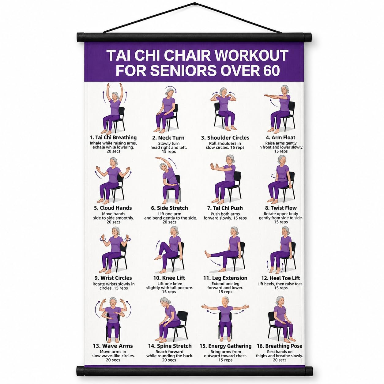 Tai Chi Chair Workout Chart for Seniors – 24 Seated Exercises Poster