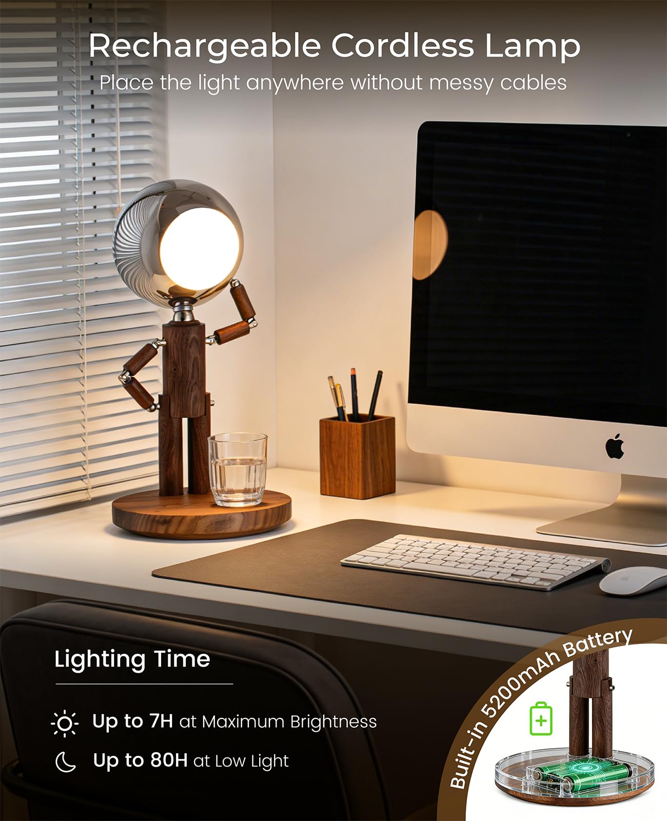 Rechargeable Wooden Desk Lamp with Touch Control & Stepless Dimming
