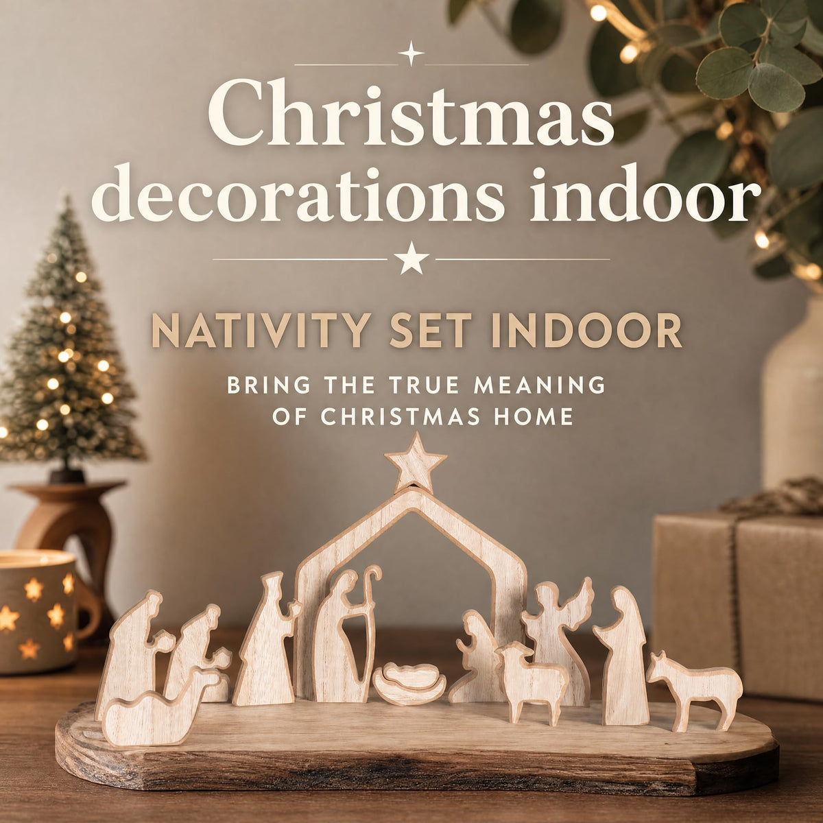 Wooden Christmas Nativity Scene Figurines with Manger