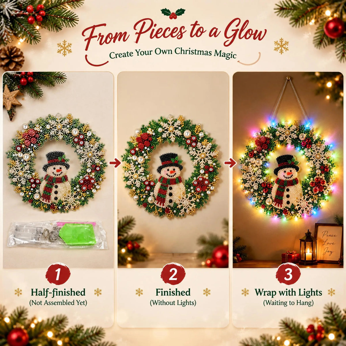 Hot Sale⛄Christmas Pearl Diamond Painting Pendant DIY Kit with LED String Lights