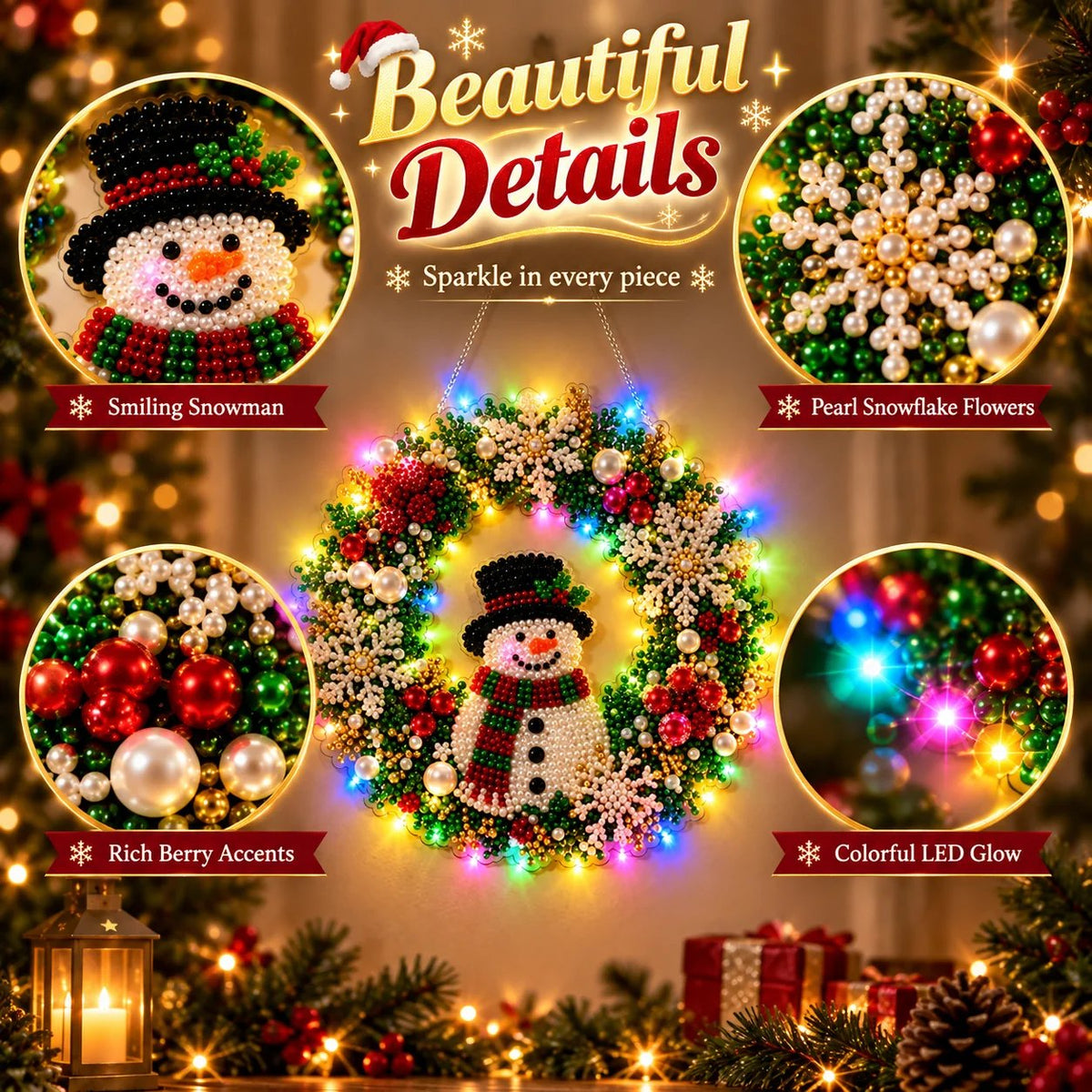 Hot Sale⛄Christmas Pearl Diamond Painting Pendant DIY Kit with LED String Lights