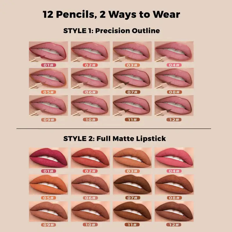 12 Pcs Matte Lip Liner Set, Blendable Lip Pencil 💋