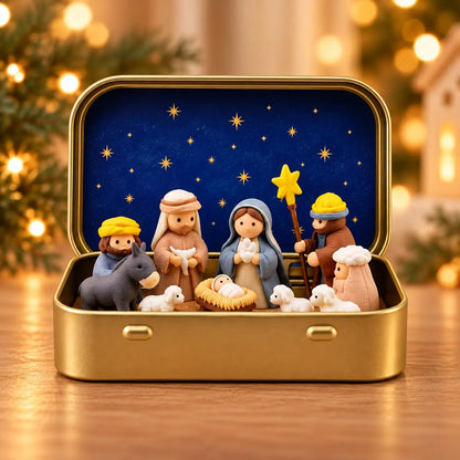 Mini Nativity Scene Keepsake Tin – Pocket-Sized Christmas Holy Family Set