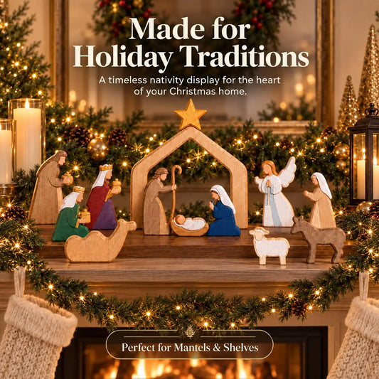 Wooden Christmas Nativity Scene Figurines with Manger