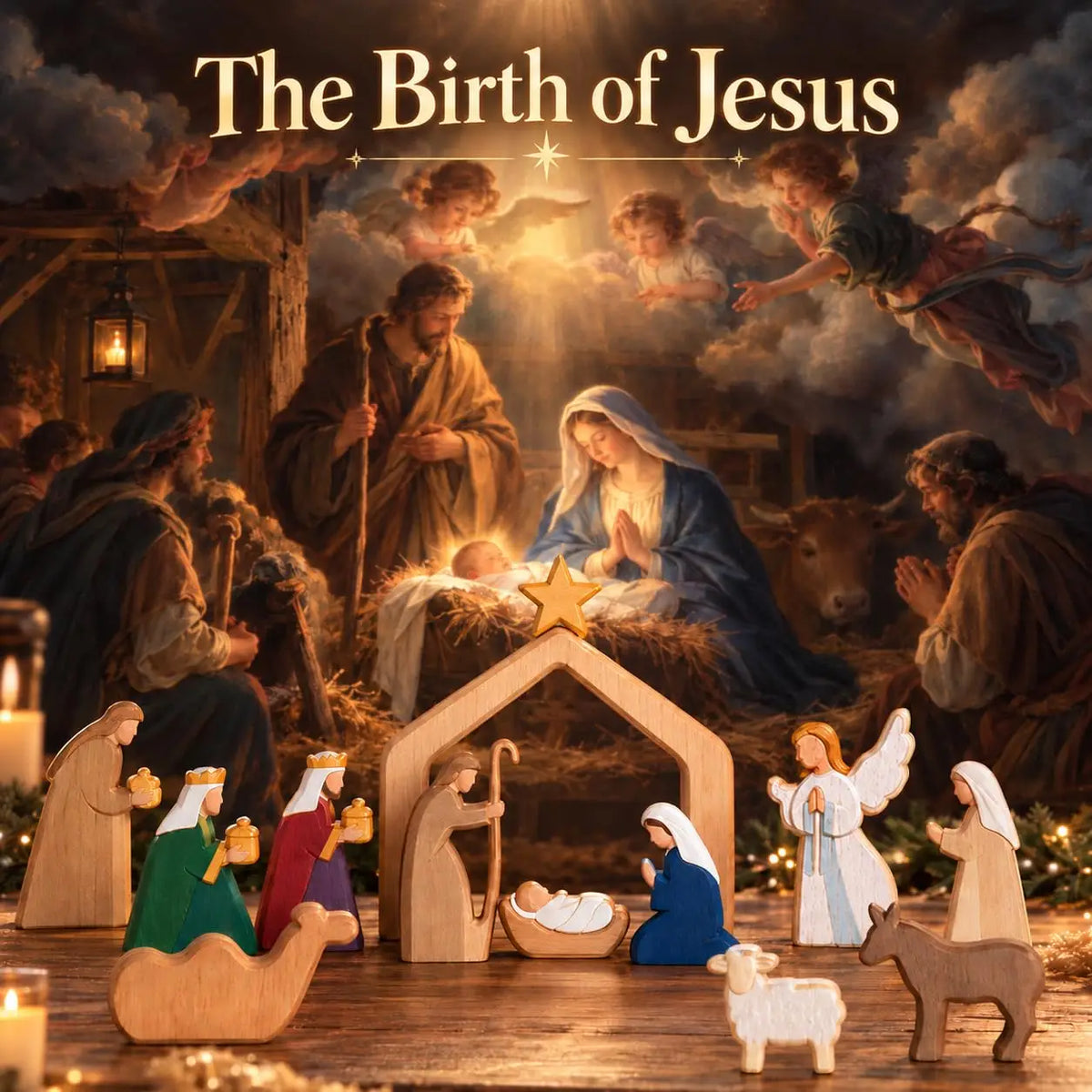 Wooden Christmas Nativity Scene Figurines with Manger