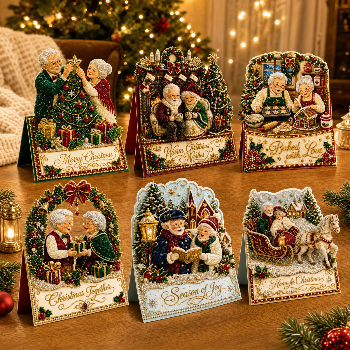 6pcs DIY Merry Chrismas Diamond Painting 3D Greeting Card
