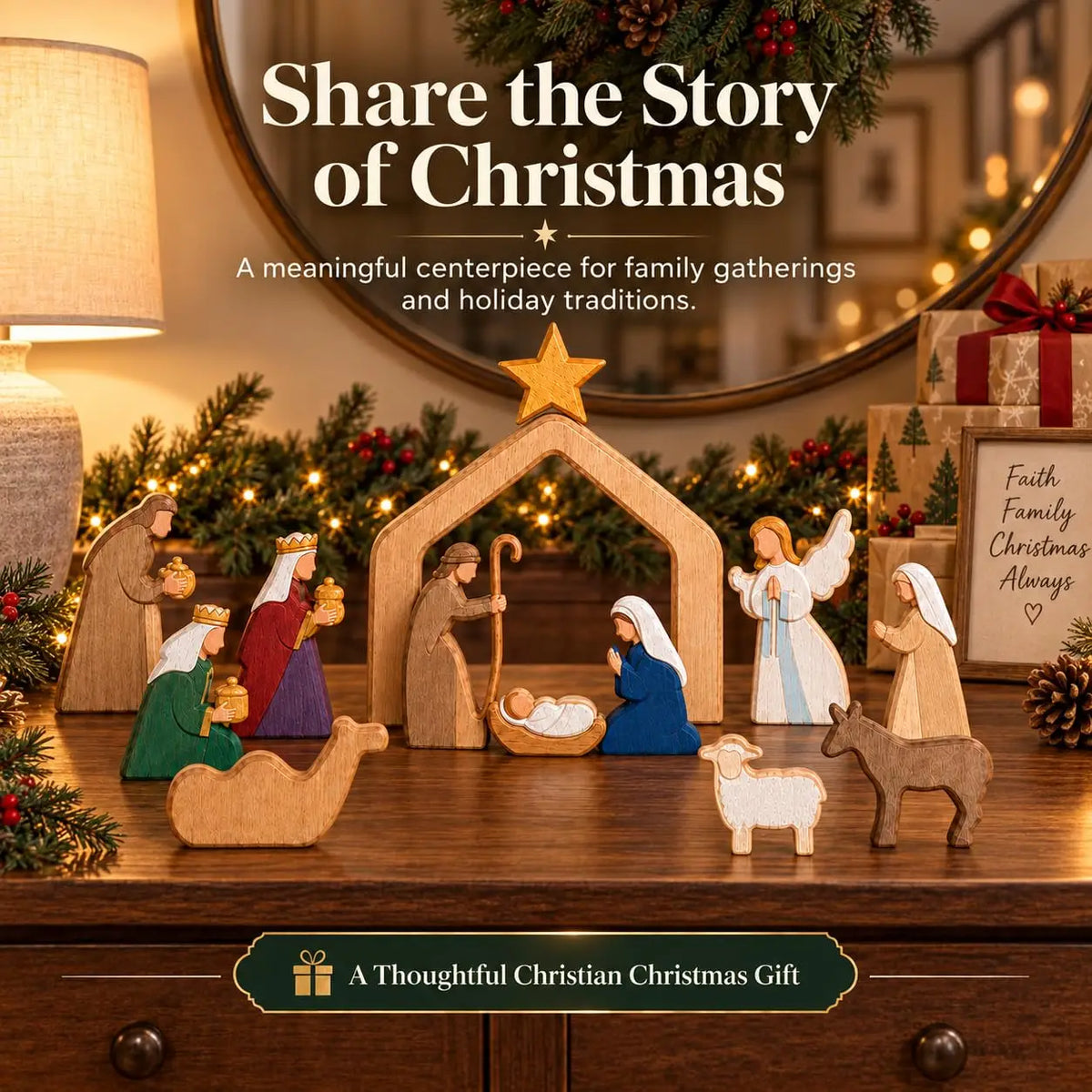 Wooden Christmas Nativity Scene Figurines with Manger