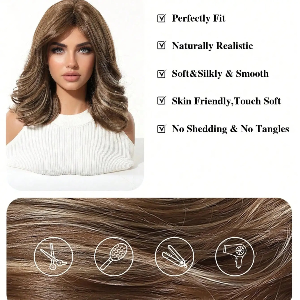 Elegant High Gloss Brown Synthetic Wig With Bangs