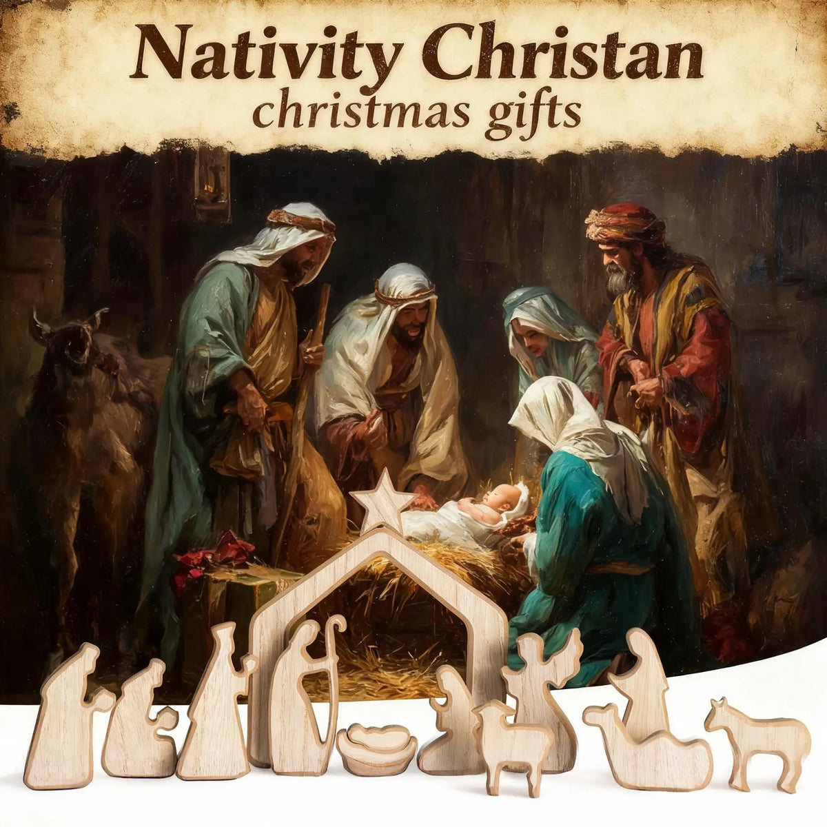 Wooden Christmas Nativity Scene Figurines with Manger