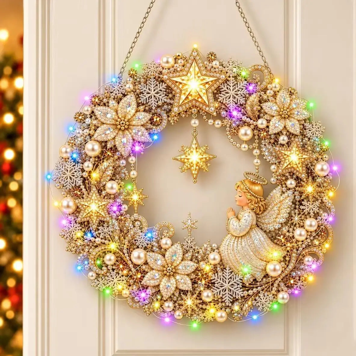 Hot Sale⛄Christmas Pearl Diamond Painting Pendant DIY Kit with LED String Lights