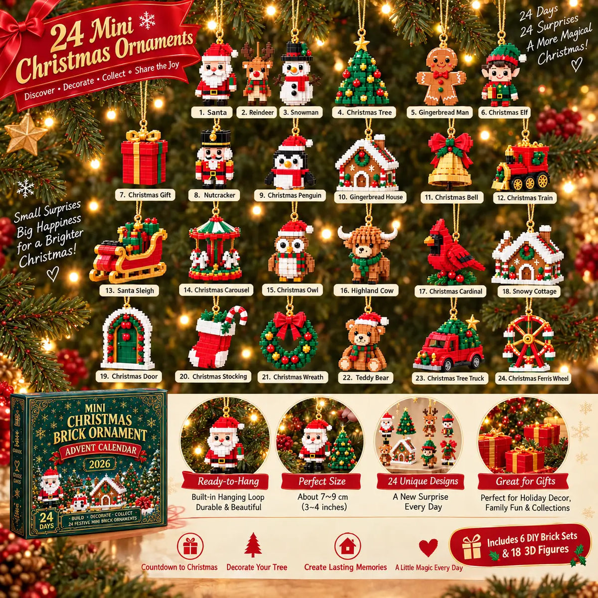 24-Day Christmas Ornament Advent Calendar | 6 DIY Bricks & 18 3D Figures to Hang & Keep 🎁