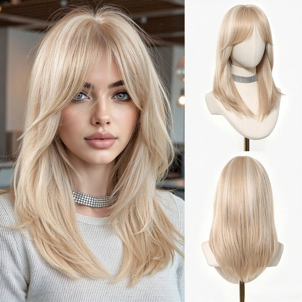 Mid-length with Highlights Glueless Synthetic Wig for Women