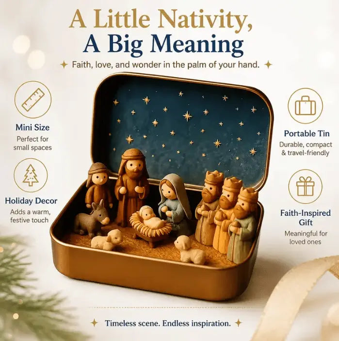 Mini Nativity Scene Keepsake Tin – Pocket-Sized Christmas Holy Family Set