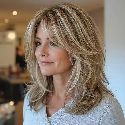 Mid-length with Highlights Glueless Synthetic Wig for Women
