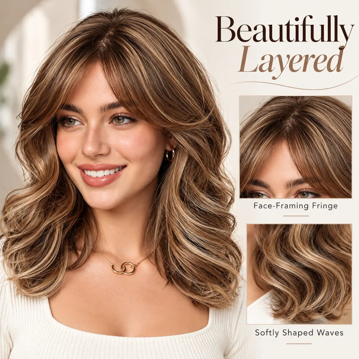 Elegant High Gloss Brown Synthetic Wig With Bangs