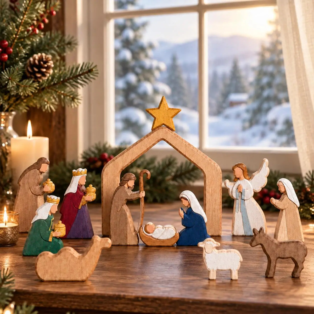 Wooden Christmas Nativity Scene Figurines with Manger