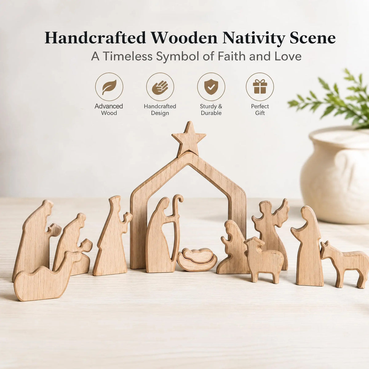 Wooden Christmas Nativity Scene Figurines with Manger