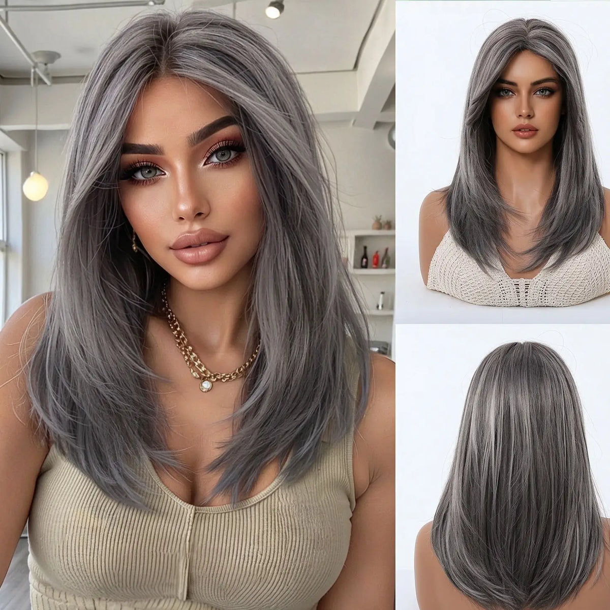 Mid-length with Highlights Glueless Synthetic Wig for Women