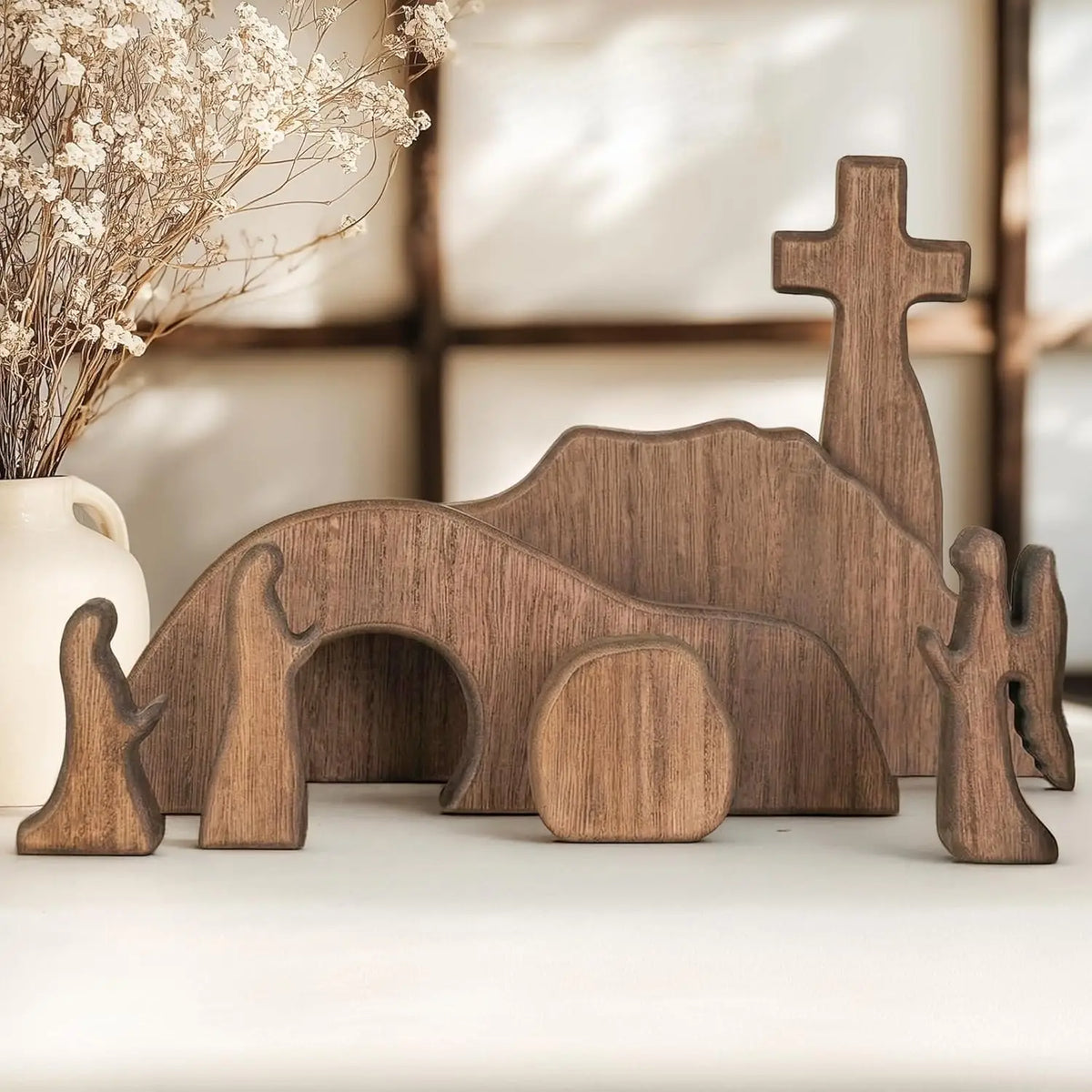 Wooden Christmas Nativity Scene Figurines with Manger