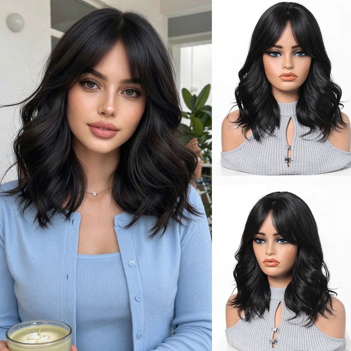 Elegant High Gloss Brown Synthetic Wig With Bangs