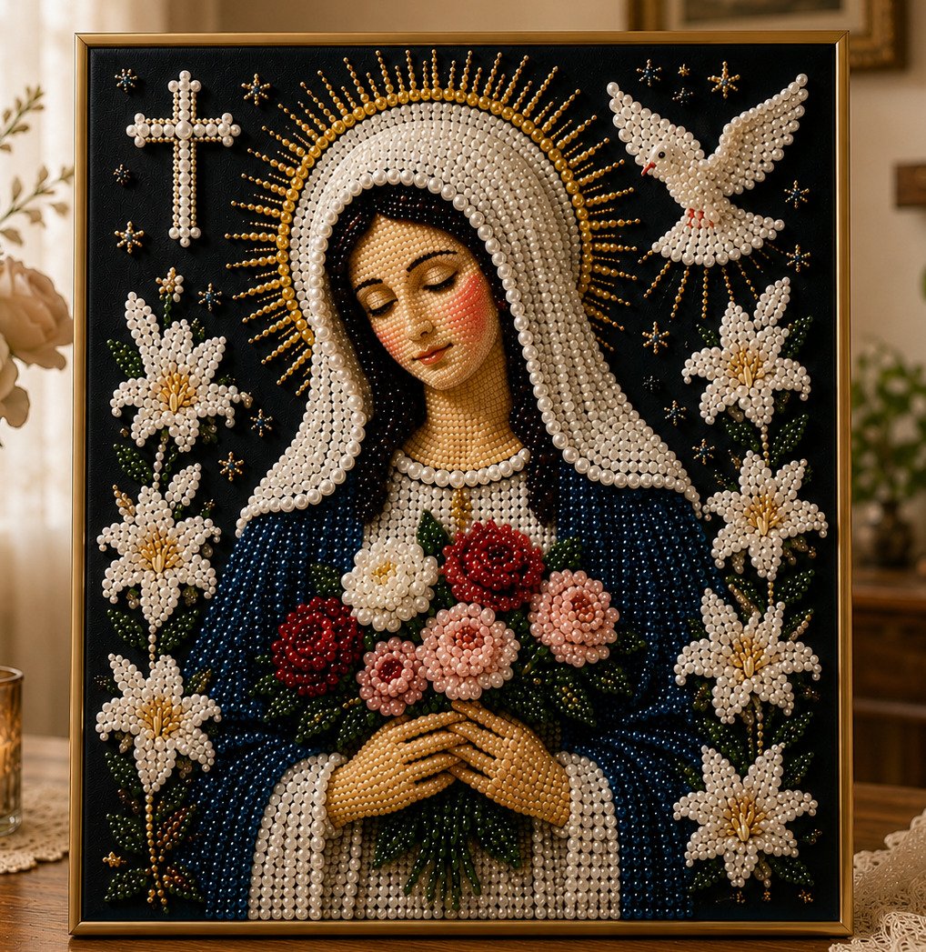 Divine Pearl Bead Virgin Mary Icon – DIY Faith Art Gift