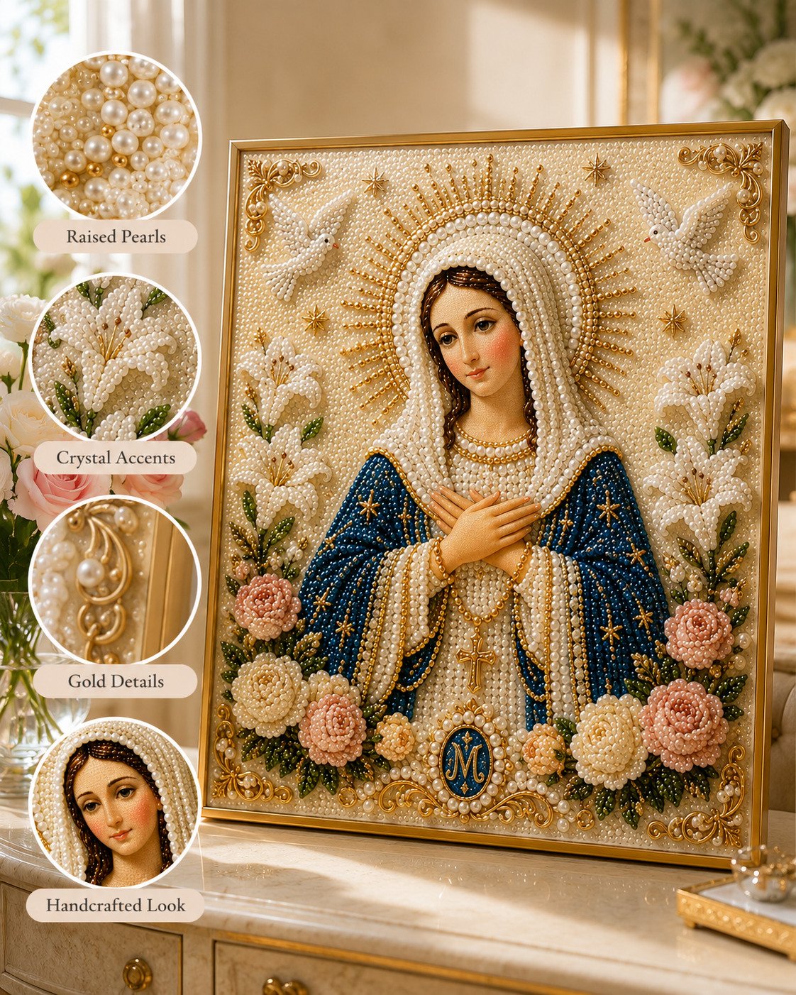 Divine Pearl Bead Virgin Mary Icon – DIY Faith Art Gift