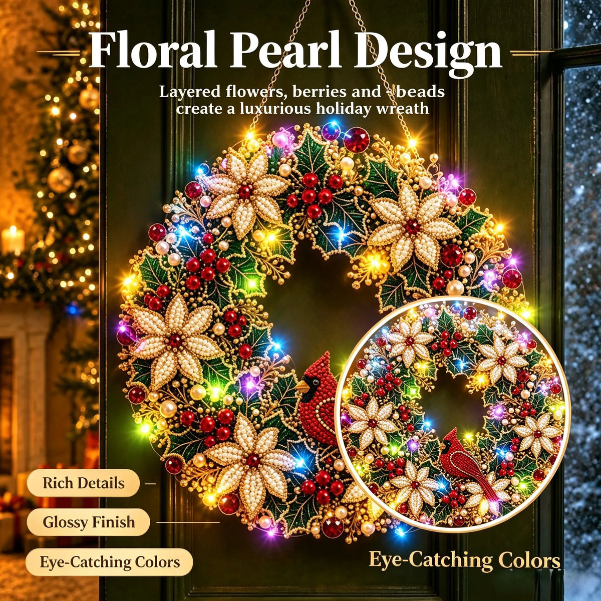 Hot Sale⛄Christmas Pearl Diamond Painting Pendant DIY Kit with LED String Lights