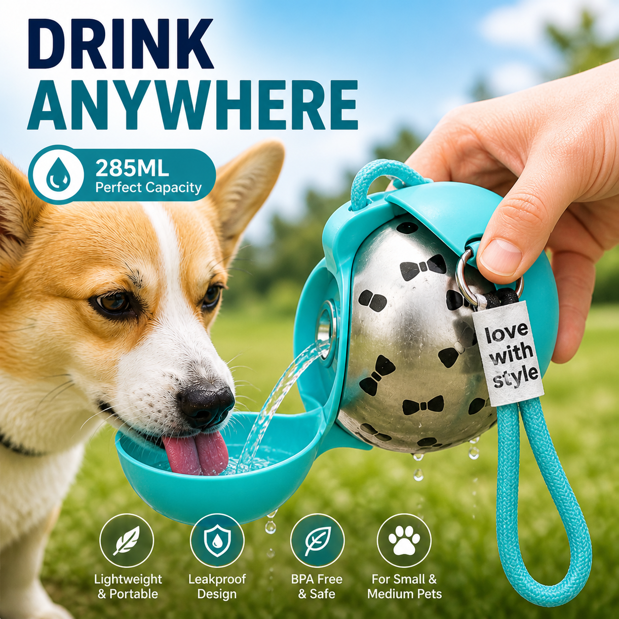 2-in-1 Foldable 304 Stainless Steel Dog Water Bottle