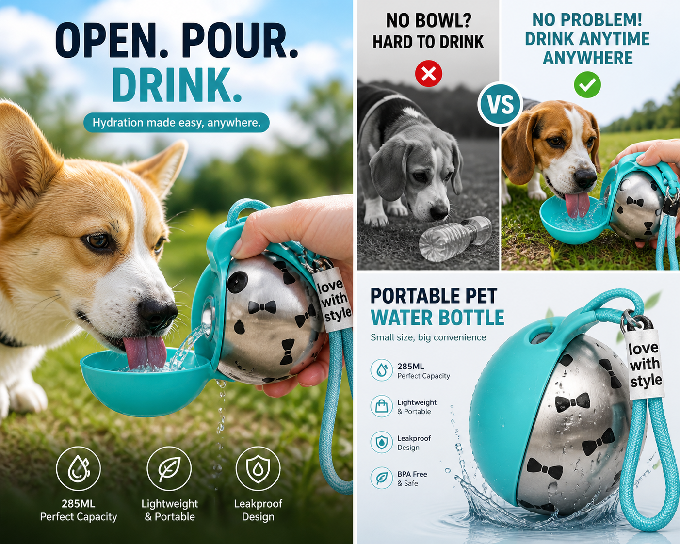 2-in-1 Foldable 304 Stainless Steel Dog Water Bottle